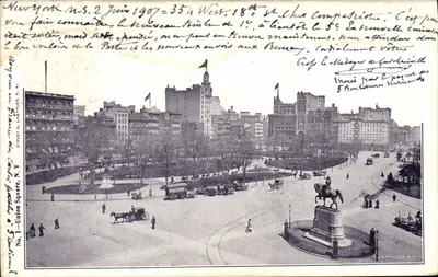 Union Square, Nova Iorque — vista panorâmica com estátua equestre — J. Roehler, N.Y.