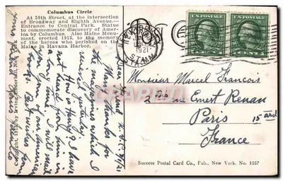 Columbus Circle, New York — Monument e statua della Maine — Success Postal Card Co. No 1057 — Verso