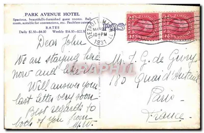 Park Avenue Hotel — Detroit, Michigan — editor desconhecido, n° 2503-30 — Verso