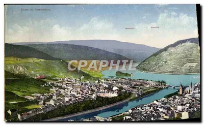 Bingen mit Mainmündung — vue aérienne du confluent du Rhin et du Main, avec les châteaux de Bingen et de Burg Rhein — éditeur : C. P. A. Phil.