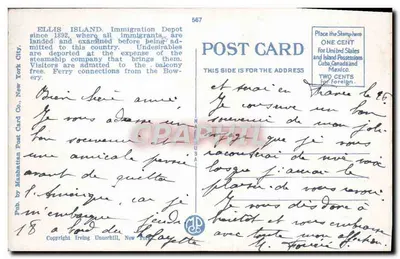 Ellis Island, Nova York — Depósito de Imigração — Pub. pela Manhattan Post Card Co. n° 567 — Verso