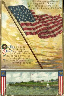 Drapeau américain — scène de rivière avec voile — éditeur International Art Publ. Co. (verso)