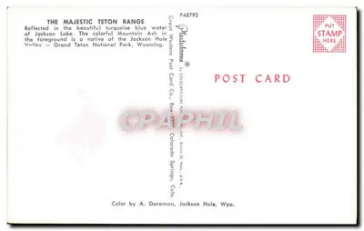 Parque Nacional do Grand Teton — Reflexo dos Tetons no Jackson Lake — Great Western Post Card Co. — Verso