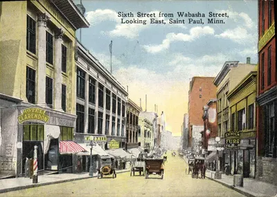 Sixth Street a partir de Wabasha Street, Olhando para Leste, Saint Paul, Minn. — Publicado por R. Steinman & Co., Saint Paul, Minn. — N° 3591