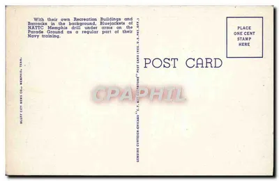 Parade Ground, N.A.T.T.C., Memphis, Tennessee — Recreation Hall "C" no fundo — Bluff City News Co., Memphis, Tenn. n° 48-H1307 — Verso