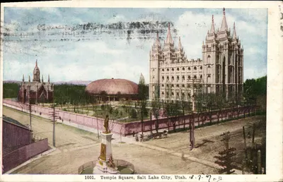 Temple Square, Salt Lake City, Utah — vue du Temple de la Ville et du bâtiment rond — éditeur The Thayer Publishing Co. Denver Colo. n° 1001