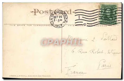 Pociąg wychodzący z tunelu z śniegiem, Shasta Route, S.P.R.R. — Wydawca Edward H. Mitchell, n° 136 — Rewers