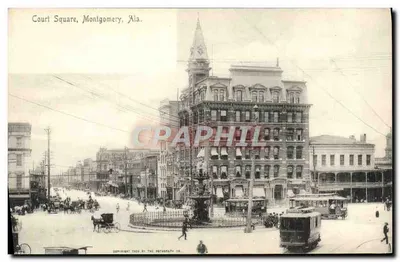 Couri Square, Montgomery, Ala. — vista urbana com fonte e trem — editor The Rotograph Co., n° 1612