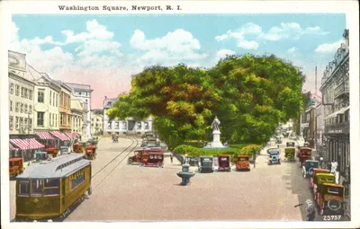 Washington Square, Newport, R.I. — vista de praça com bondinho e monumento — editor HB, n° 23757