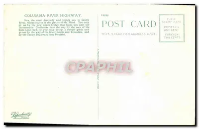 Columbia River Highway at Sandy River Bridge — Pont métallique sur le fleuve, route côtière avec voiture rouge — éditeur Lipschutz Company, Portland, Oregon, n° 328 — Verso