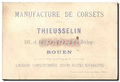 Chromo Paris Tour Jacques Nouveaux Theatres Manufacture de corset Thieusselin Rue de la Grosse Horloge Roune — Verso