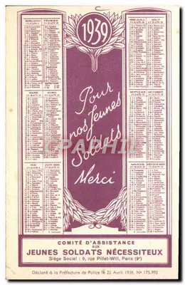 Junge Soldaten — Kalender 1939 — Komitee zur Unterstützung bedürftiger junger Soldaten, Paris — Rückseite