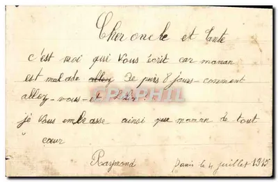Blauwe vogel en paarse bloem — ansichtkaart met handgeschreven bericht — Parijs, 4 juli 1915 — Achterkant