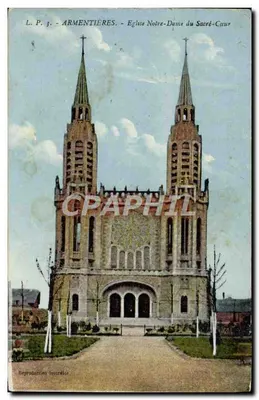 Bilhete postal antigo Armentières Igreja Nossa Senhora do Sagrado Coração