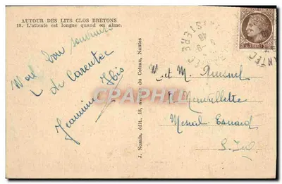 Femme en costume breton — scène intérieure — J. Nozais, édit., 18, avenue du Coteau, Nantes — Verso