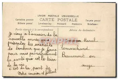 Parabéns para o ano — criança sorridente com buquê — editor '980' — Verso
