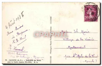 Monumento ai Bayonnais morti per la Patria — Bayonne — Fototipia Marcel Dalbou, Bardeaux — Verso