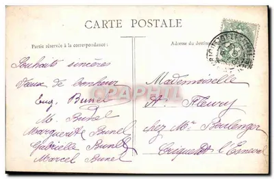 Menina com vestido e chapéu com flores — carta de boas-vindas com texto 'Bom Ano' — editor não identificado — Verso