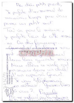 Paisaż śnieżny — zachód słońca za sosnami — wydawca Couleurs et Lumière de France, nr 10 00 8077 — Rewers
