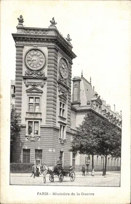 Paris - Ministério da Guerra — torre de relógio decorada, carruagem e pedestres