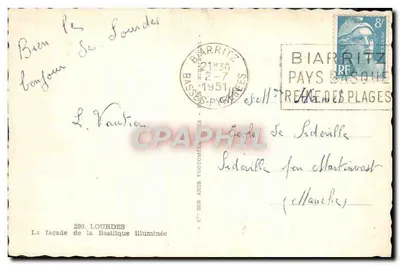 Lourdes — Fronton katedry oświetlony — Cie des Arts Photographiques — Rewers