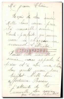 Jovem mulher com um pequeno cachorro — carta de boas-vindas de fim de ano — Boa Ano 3777 — Verso
