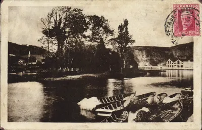 Bilhete postal antigo Irun Lanchas pescadoras de salmão na Ilha dos Faisões