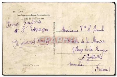 Bilhete postal antigo Irun Lanchas pescadoras de salmão na Ilha dos Faisões — Verso