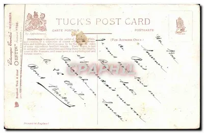 Stonehenge — monument mégalithique dans un paysage dramatique — Picturesque Wiltshire, éditeur Tuck's Post Card — Verso