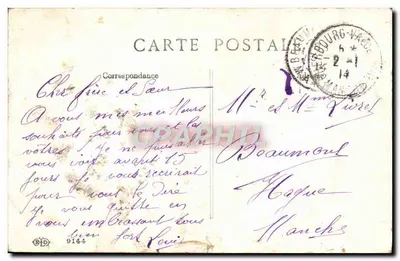 Paisagem invernal com cabana e ponte — desenho assinado 'DP' — editor B.D. n°9144 — Verso