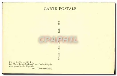 Place Louis-le-Grand — Vista da praça com estátua equestre de Luís XIV — gravura de Rigaud, editada por Fernand Nathan — Verso