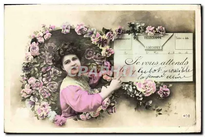 Femme élégante — scène de télégramme décorée de roses — éditeur IMPRIMÉ SUR LA CARTE n°408