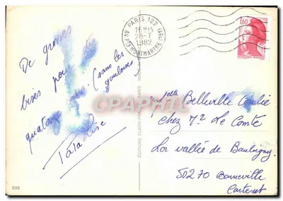Três rosas brancas — sobre fundo violeta — Éditions Claire-Paris n°508 — Verso