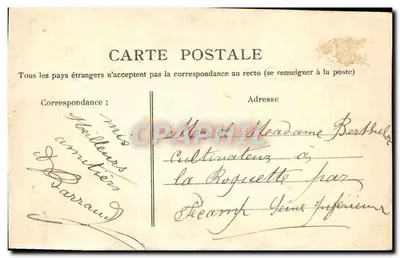 Arranjo de flores azuis — texto impresso e carimbo — editor não visível — Verso
