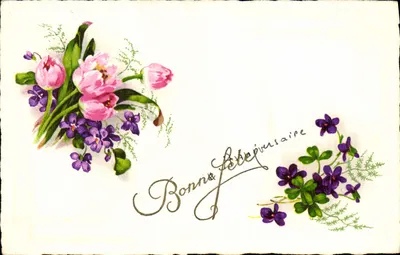 Arranjo de tulipas e violetas — Feliz aniversário — Carta postal decorativa
