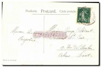 Arranjo de flores violetas — Boas Festas — Fabricado na Alemanha — Verso