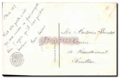 Young woman in patriotic costume — with flag and bunch of lily — publisher Muguet Porte-Bonheur, n° 1043 — Back