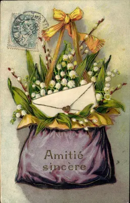 Buquê de flores de muguet em uma bolsa violeta — Amizade sincera — editor não identificado