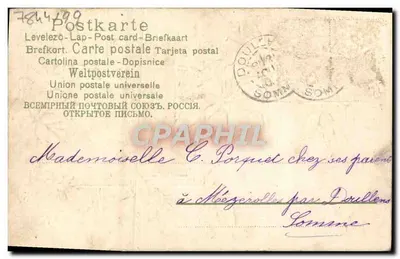 Pansy i krajobraz — kartka pocztowa z Doullens — wydawca Uniwersalna Poczta Międzynarodowa — Rewers
