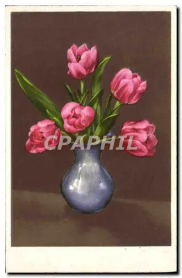 Tulipas rosas em um vaso azul — edição Flora-Série 1940 — editor Flora