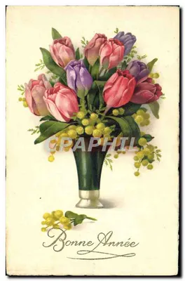 Arranjo de tulipas e mimosa — Boas Festas — editor não identificado, número de série não visível