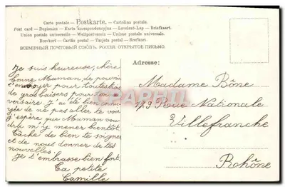 Arranjo de flores azuis em um cesto — A.&M.B. N° 430 — editor A.&M.B. — Lyon — Verso