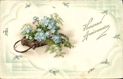 Arranjo de flores azuis em um cesto — Feliz Aniversário — editor Petits, n° 3979