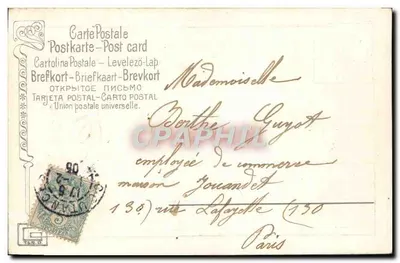 Oiseaux et violettes — carte postale décorative avec texte imprimé et timbre — Verso