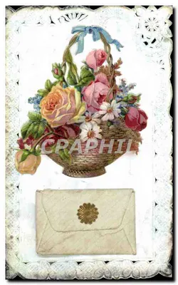 Arranjo de rosas e flores — em um cesto com envelope — editor desconhecido