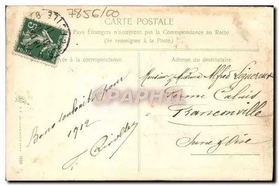 Flores violetas e azuis — Boa e feliz ano — Carta postal francesa — Verso