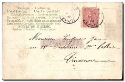 Boa e feliz ano — Carta postal decorada com flores azuis — editor não visível — Verso