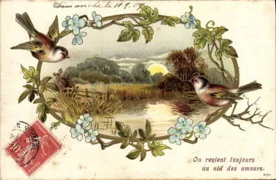 Dois pássaros — paisagem de rio ao pôr do sol — editor não identificado, n° 631
