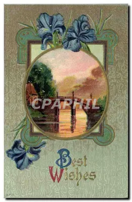 Paisagem de ponte ao pôr do sol — Best Wishes — editor não identificado, número de série não visível
