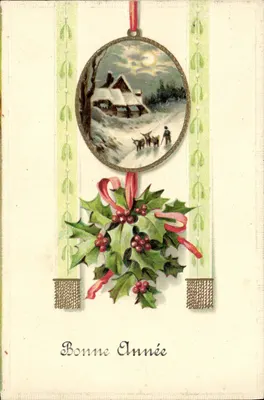 Carta de desejos de Natal — paisagem invernal com pastor e cabras — editor não identificado